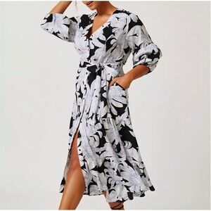 Anthropologie Maeve Puff-Sleeve Midi Dress Sz 8 Floral Black White Button Front